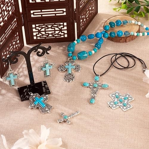 Spritewelry 14Pcs 7 Styles Turquoise Pendant Gemstone Cross Charms Tibetan Vintage Large Pendant Retro Religion Stone Dangle Charms for Big Earrings Necklace Keychain Jewelry Making DIY Crafts thumbnail 3