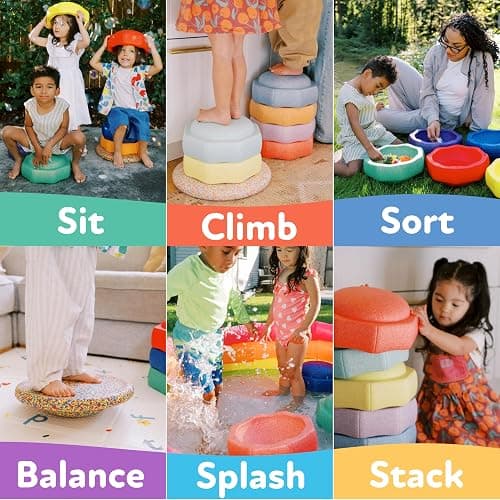 Nuby Stepping Stones StepPebbles with Balance Board - Montessori-Inspired Sensory Play - Stack, Step, & Balance Indoor & Outdoor Play - Waterproof & Holds Up to 400 lbs - Primary Colors thumbnail 5