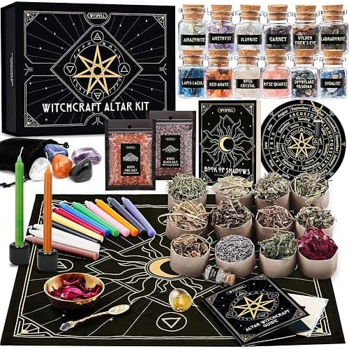 Wyspell Large Witchcraft Kit - 77 PCS - Altar Spell Set - Witchy Gifts | Wiccan Supplies: Spell Candles, Dried Herbs, Crystals, Stones, Altar Cloth, Pendulum, Bowl & Spoon, Parchment - Beginners Kit - Image 1