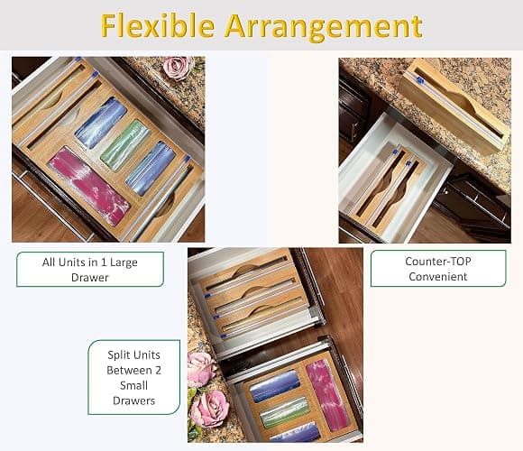 Incredinest Bamboo Drawer Organizer Bag Holder – Modular Design Zip Lock Bag Organizer Plastic Wrap Dispenser with Cutter – Baggie Organizer for Drawer with Single and Double Wrap Dispenser thumbnail 6