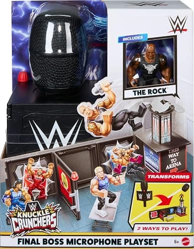 Mattel WWE Knuckle Crunchers 2-in-1 Microphone & Playset with Action Figure & 2 Accessories, Final Boss Set with 3.25-inch The Rock thumbnail 6