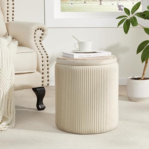 Royal Windsor Round Ottoman with Storage Set of 2, Storage Vanity Stool | Velvet Upholstered Round Storage Ottoman, Ottoman Coffee Table, Small Foot Stool for Living Room & Bedroom, Beige thumbnail 2