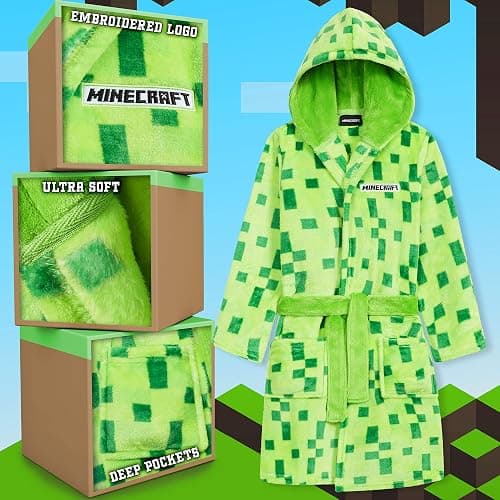 Minecraft Bath Robe for Boys, Teens Hooded Fleece Robe Cozy Loungewear Soft Nightwear Creeper Gamer Gifts for Kids thumbnail 2