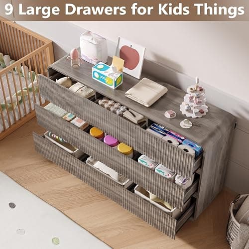 BORNOON Dresser for Bedroom with 9 Drawers, Fluted Chest of Drawers with Round Curved Corner, Hidden Handles, Modern Wood Storage Organizer for Bedroom, Nursery, Living Room thumbnail 3