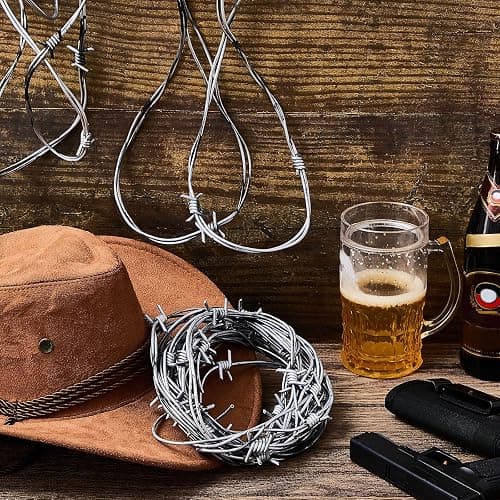 Taiyin 4 Pcs 32.8 Foot Faux Barbed Wire, Silver Plastic Prop Decor | Fake Barbed Wire for Halloween Zombie Horror Party, Western Cowboy Birthday Wreath Ornaments, Realistic Prop Decor thumbnail 6
