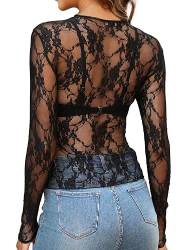 OFEEFAN Womens Mesh Tops Lace Long Sleeve Shirts Crewneck Slim Fitted Outfits See Through Blouses thumbnail 4