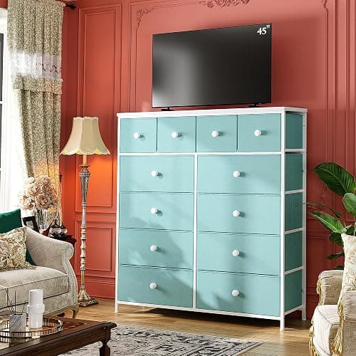 Romorgniz Dresser for Bedroom Tall Dresser with 12 Drawers Fabric Dressers & Chests of Drawers, Bedroom Dresser with Metal Frame, Wood Top, Entryway Living Room, Turquoise 11.81"D x 38.97"W x 40.15"H thumbnail 7