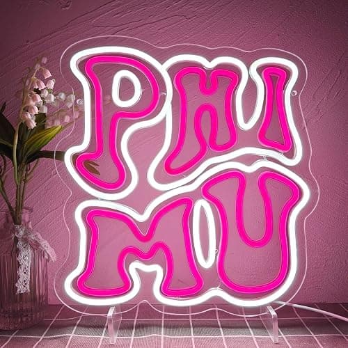 Phi Mu Fraternity Sorority Neon Sign,Dimmable ΦM Pink LED Neon Lights for Wall Decor,Sorority Neon Wall Sign with USB Power Paraphernalia for Birthday Party Decor,12.6x13.4 inches. - Image 1