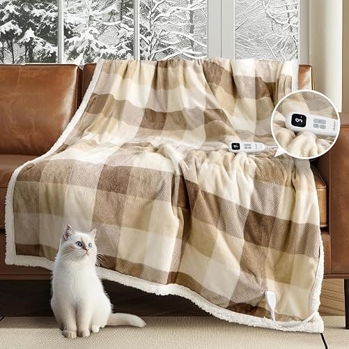 blunique Heated Blanket Electric Throw-50''x60''Ultra Soft Cozy Plaid Flannel Fast Heating Electric Blanket with 10 Heat Levels & 10 Hours Auto Off, ETL Certified, Keep Warm in Couch Bed Office(Khaki) thumbnail 2