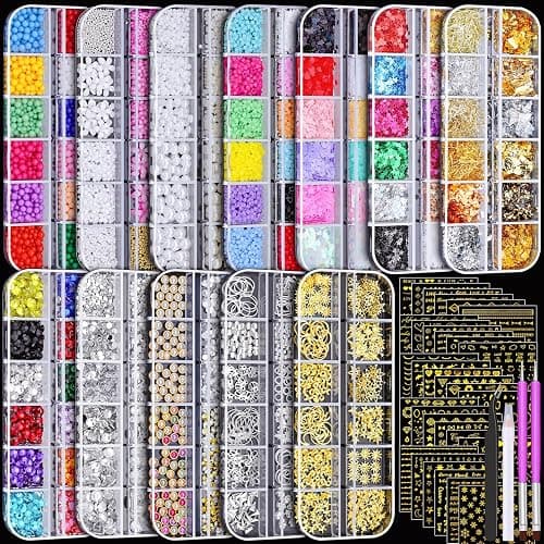 12 Boxes Nail Gems and Charms, Gold Charms for Nails Rhinestones Kit with 30 Sheets Nail Art Stickers Crystals Flatback Pearls Nail Decals Fruit Nail Charms Pearls for Nails Design DIY Accessories - Image 1