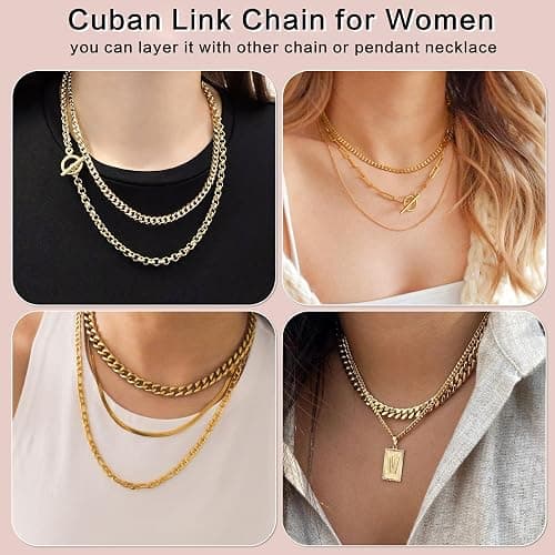 WomenGifts Cuban Link Chain Necklace for Women, Waterproof 14k Gold Silver Plated Chain Choker, Non Tarnish Stainless Steel Jewelry, 3.5/5/6/8/11mm,14/16/18 Inch Thin&Chunky&Thick thumbnail 5