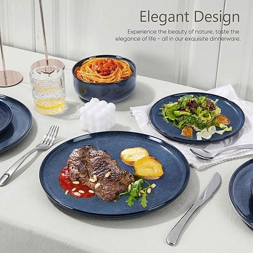 Herogo 12 Pieces Dinnerware Set Stoneware Service for 4, Dinner Plates and Bowls Sets, Double Reactive Glaze Dishes Set for Kitchen, Scratch Resistant, Microwave & Dishwasher Safe, Starry Blue - 12 - Starry Blue thumbnail 5