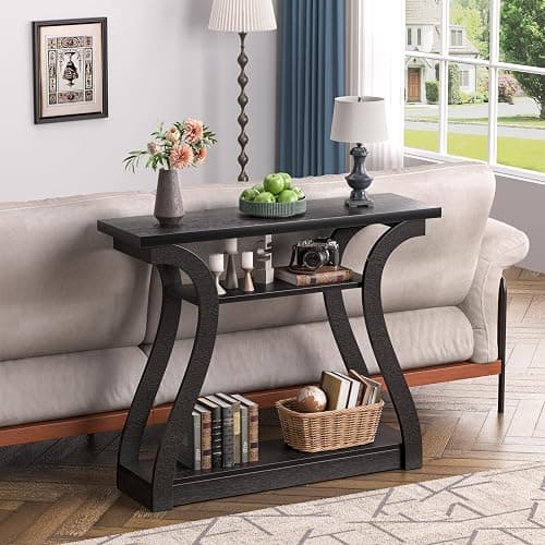 UODERS Wooden Console Table with Curved Legs and Shelf, 3-Tier Modern Accent Narrow Sofa Table for Entrance Area, Living Room, Hallway, 47 in Wide Wood Console Table for Entryway (Black) thumbnail 4