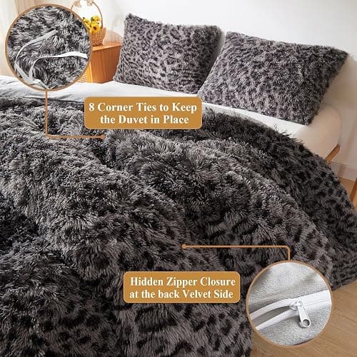 XeGe Cheetah Print Fluffy Faux Fur Duvet Cover Set, 3 Pieces Soft Plush Shaggy Fuzzy Bedding Set(1 Faux Fur Leopard Print Comforter Cover + 2 Furry Pillowcases), Zipper Closure(Queen, Light Grey) thumbnail 7