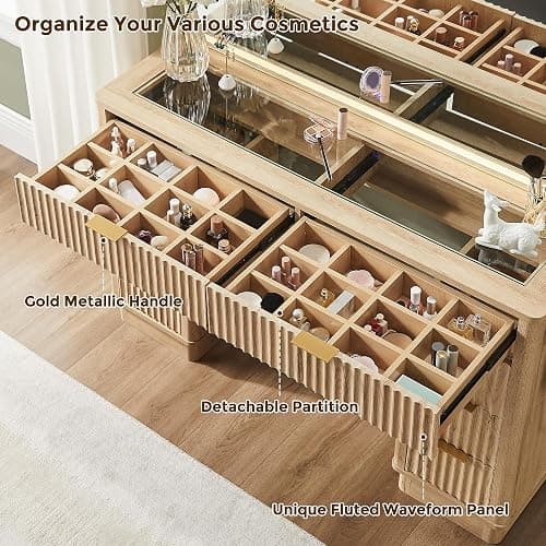 T4TREAM 48" Fluted Makeup Vanity Desk with Large Led Lighted Mirror, Modern Vanity Table with 8 Drawers & Charging Station, Glass Top Dressing Table for Bedroom, Natural Oak thumbnail 6