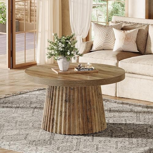 Tribesigns 31.5" Round Coffee Table, Modern Fluted Drum Coffee Tables for Living Room, Wood Farmhouse Boho Accent Pedestal Center Table for Apartment, Small Space, Brown thumbnail 3