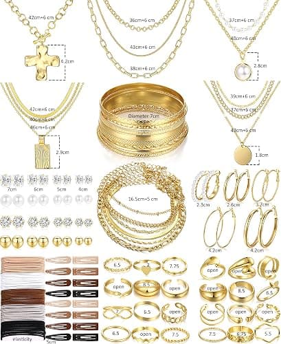 FANDY 137 Pieces Gold Jewelry Set for Women, 12 Necklace, 14 Bracelet, 21 Earrings, 24 Knuckle Rings, 16 hair clips, 50 hair ties  Gold Plated Jewelry set for Women Gift thumbnail 8