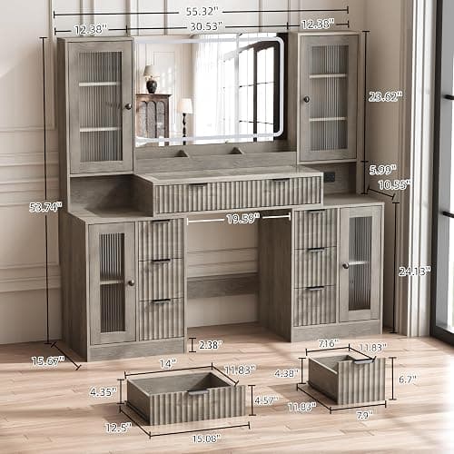 ANYMAPLE Fluted Vanity Desk with Mirror & Lights | 8 Drawers & 4 Cabinets, Tempered Glass Top, RGB Cabinet Lighting, 3-Color Dimmable Mirror, Charging Station thumbnail 2