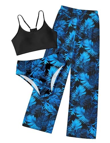 NECIOUS Girls Swimsuit, 3 Piece Bikini Bathing Suit Tropical Floral Swimwear with Cover Up Pants 7-16Y - Image 1