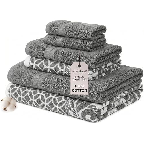 Modern Threads Trefoil Filigree 6-Piece 100% Cotton Towel Set β Reversible Yarn Dyed Jacquard β Includes 2 Bath Towels, 2 Hand Towels, 2 Washcloths β Absorbent, Quick Dry, Soft & Durable β Dark Gray | 6-Piece, Reversible, Yarn Dyed, Jacquard, Hand Towels, Washcloths, 100% Combed Cotton - Image 1