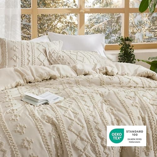Bedsure Tufted Boho Comforter Set Full Size - Beige Boho Bed Set, GentleSoft™ 3 Pieces Farmhouse Shabby Chic Embroidery Bedding, Gifts for Woman, Soft Jacquard Full Comforter for All Seasons thumbnail 7