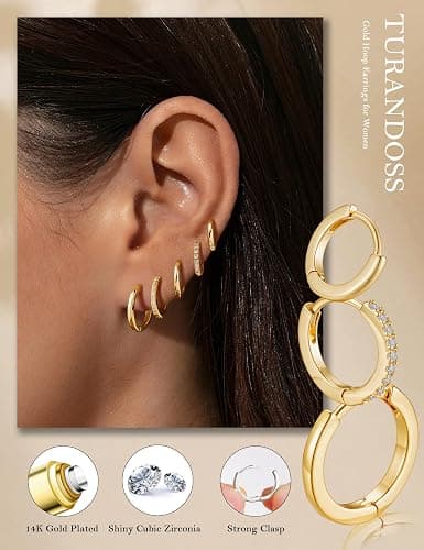 Turandoss Gold Hoop Earrings for Women, Hypoallergenic 14K Gold Plated Huggie Earrings, Cartilage Earrings for Multiple Piercing Hoop Earrings for Women thumbnail 3