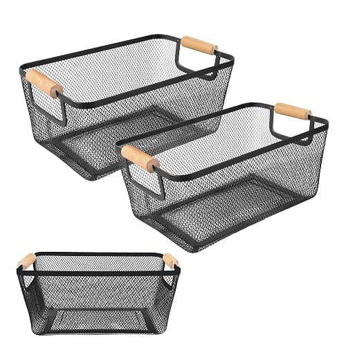 2 Pack 12" Wide Metal Mesh Baskets with Bamboo Handles for Pantry Organization | Wire Storage Bins for Kitchen, Cabinet, Fruit & Snacks | Decorative Farmhouse Style Organizer - Image 1