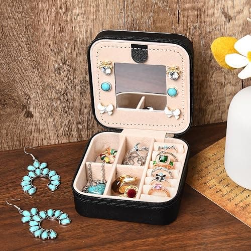 DEEKA Western Jewelry Box Case Real Leather Cow Print Cowhide Tooled Travel Jewelry Organizer Gifts Christmas Gifts for Women Country Girls Cowgirl Stuff Portable Travel Accessories -Black thumbnail 8