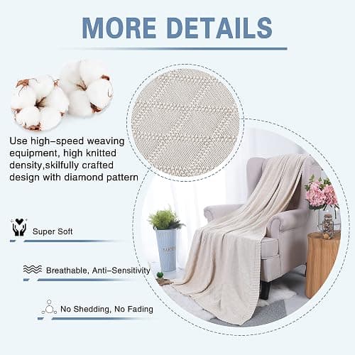 Knit Cotton Throw Blanket Cable Throw 50 x 70 Inch Soft All Season Breathable for Couch Chairs Bed Beach Home Decorative with Silk Bow Tie Package (Beige, Diamond Pattern) thumbnail 2