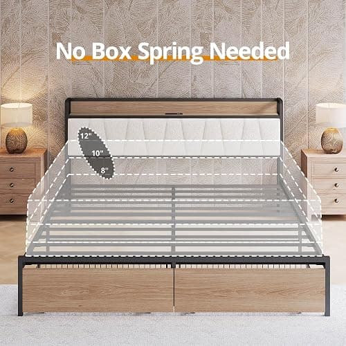 LIKIMIO King Size Bed Frame, Storage Headboard with Charging Station, Platform Bed with Drawers, No Box Spring Needed, Easy Assembly, Wood and Cream thumbnail 8