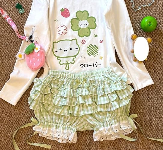 Womens Y2K Off Shoulder Kawaii T-Shirt Suit Hrajuku Plaid Ruffled Lace Pumpkin Short Pants Cute Cat Graphic Tops thumbnail 5