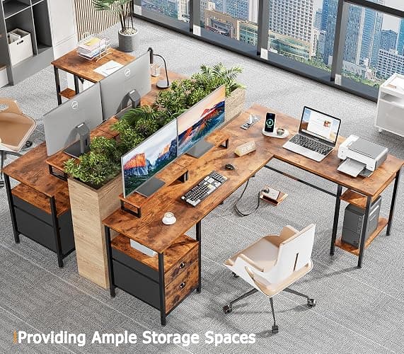 Furologee 66” L Shaped Desk with Power Outlet, Reversible Computer Gaming Desk with File Drawer & 2 Monitor Stands for Home Office with Storage Shelves, Rustic Brown thumbnail 7