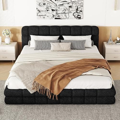 SOFTSEA Queen Size Upholstered Platform Bed Frame, Fleece Fabric Floor Platform Bed with Soft Headboard, Queen Grounded Bed Frame with Wood Slats for Kids Teens Adults, Easy Assembly (Black) thumbnail 4