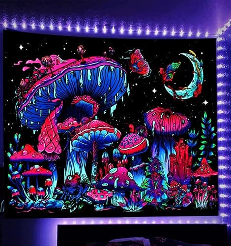 TUGCAY Blacklight Mushroom Tapestry, Glow In The Dark Black Light Plant Tapestry Fantasy UV Reactive Mushroom Butterfly Moon Tapestries Posters Wall Hanging for Bedroom Dorm Decor(30"x40") - Image 1