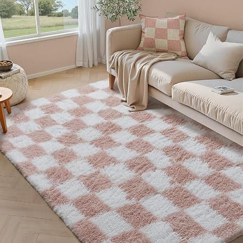 PureCozy Checkered 5x8 Area Rugs for Living Room Bedroom Pink Washable High Pile Fluffy Rug Modern Soft Thick Carpet Indoor Office Non-Slip Shaggy Tapis Salon for Nursery Kids Gils Room Playroom - Image 1