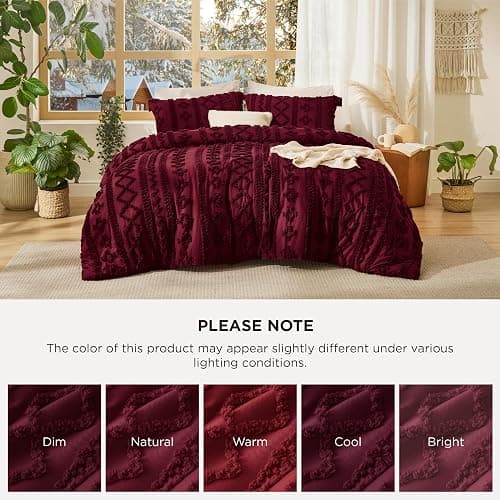 Bedsure Tufted Boho Comforter Set Queen Size - Burgundy Boho Bed Set, GentleSoft™ 3 Pieces Farmhouse Shabby Chic Embroidery Bedding, Gifts for Woman, Soft Jacquard Queen Comforter for All Seasons thumbnail 9