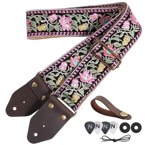 Nefelibata Guitar Strap,Jacquard Embroidery Cotton Guitar Straps with Crazy Horse Leather Ends for Bass, Electric & Acoustic, Best Gifts for Guitarists(Elegant Pink Flower Embroidery) - Image 1