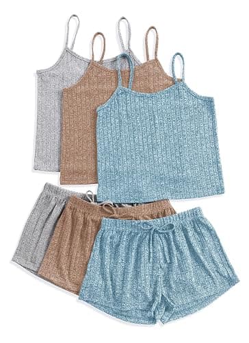 Notktgh 3 Sets for Women Ribbed Pajamas Set Crop Top and Shorts Button Lounge Set Sleeveless Pjs Sleepwear - Image 1
