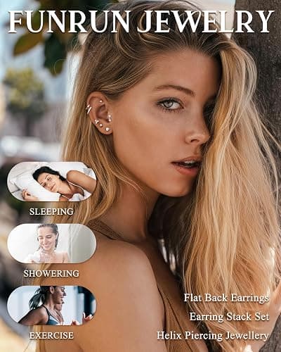 Hypoallergenic Cartilage Earrings for Women 20G Helix Piercing Jewelry Earring Flat Back Surgical Stainless Steel Gold Stud Hoop Cartilage Earring Set Daith Tragus Conch for Multiple Piercing Single thumbnail 4