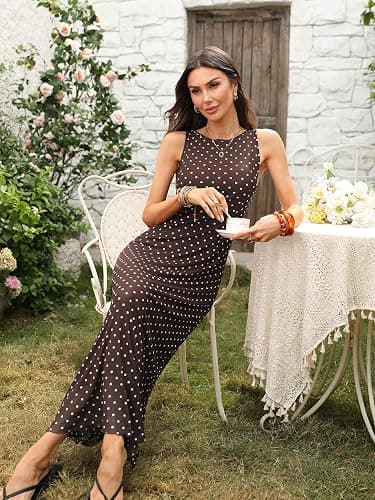 ELLEVEN Women’s Polka Dot Maxi Tank Dress, Sleeveless Boat Neck Bodycon Slim Fit Elegant Long Dress thumbnail 5