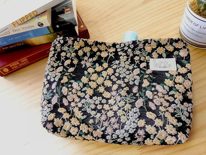 Travel Makeup Bag Accessory Zipper Pouch for Cosmetics, Purse Organizer, Embroidery Lucky Flowers Black thumbnail 2