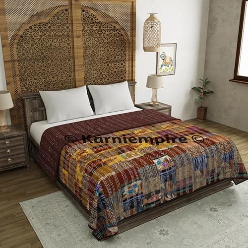 Indian Patchwork Kantha Quilt Throw Handmade Silk Sari Patola Ethnic Reversible Bohemian Bedding Bedspread Vintage Stitched Boho Gudri Blanket Bed Sofa Cover Decorative (Queen [90"X108"], Brown) thumbnail 3