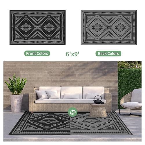 GENIMO Outdoor Rug for Patio Clearance - 6x9 ft Waterproof Plastic Camping Rugs, Reversible Outside Rv Mat Carpet for Porch, Deck, Picnic, Balcony, Beach, Backyard, Black Grey thumbnail 4