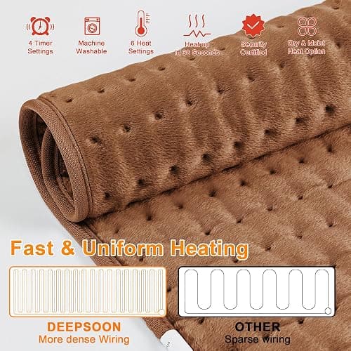 Deepsoon Heating Pad,Electric Heating Pads for Back,Neck,Abdomen,Moist Heating Pad for Shoulder,Knee,Arms,Legs,Dry/Moist Heat & Auto Shut Off,Birthday Gifts for Men and Women,Brown,24x12 Inch thumbnail 8