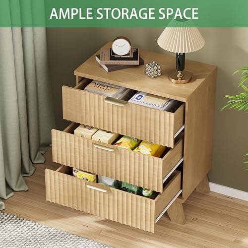Fluted Nightstand, 24" Wide Side Table with 3 Large Storage Drawers, Mid Century Modern Wood Night Stand with Metal Handle, Wooden Bedside End Table for Bedroom, Living Room, Closet, Natural Oak thumbnail 6