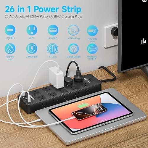 Solidock 20 Outlet Power Strip with USB C,6Ft Extension Cord with Multiple Outlets, 2700 Joules Surge Protector,1875W/15A, ETL Listed for Home Office Dorm Gaming thumbnail 2