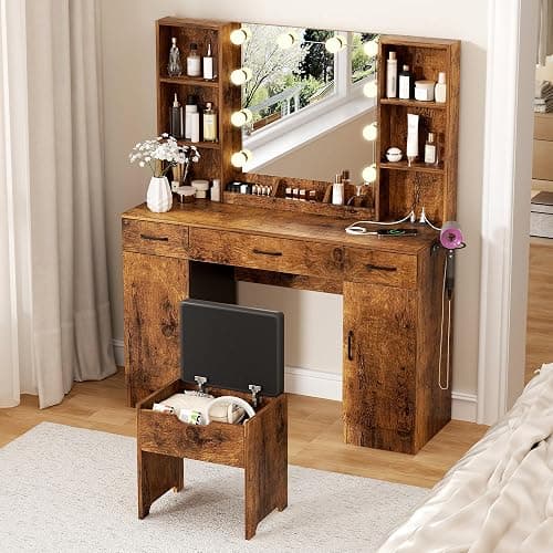 Vabches Makeup Vanity Desk with Lighted Mirror & Power Strip, Large Brown Vanity Table Set Rustic Farmhouse Style with Storage Stool, 3 Lighting Modes, Brightness Adjustable, 45.2in (W) thumbnail 5