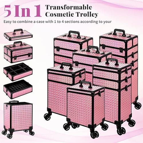 AROUS 5 in 1 Rolling Makeup Train Case Cosmetology Case on Wheels Large Cosmetic Organizer Travel Cart for Hairstylist Artist Nail Beauty Salon Barber,Pink thumbnail 4