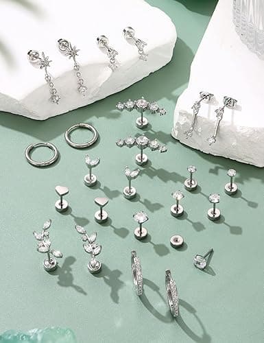 Adramata 12 Pairs Stud Hoop Earrings for Women Hypoallergenic Flat Back Earrings Stud Huggie Earring Sets for Multiple Piercing Conch Cartilage Earring Gold Silver Tragus Helix Piercing Jewellery thumbnail 7