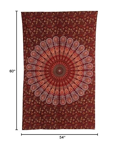 Bless International Handmade Indian hippie Bohemian Psychedelic Peacock Mandala Wall hanging College Dorm Beach Throws Table Cloth Bedding Tapestry (Maroon Yellow, Medium(54x60Inches)(137x152cms)) thumbnail 3